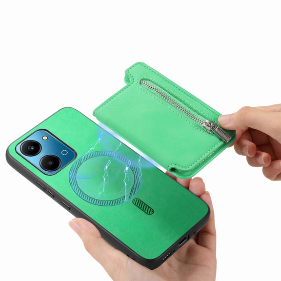 For Honor 100 Retro MagSafe Zipper Wallet Card Bag Back Phone Case(Green)