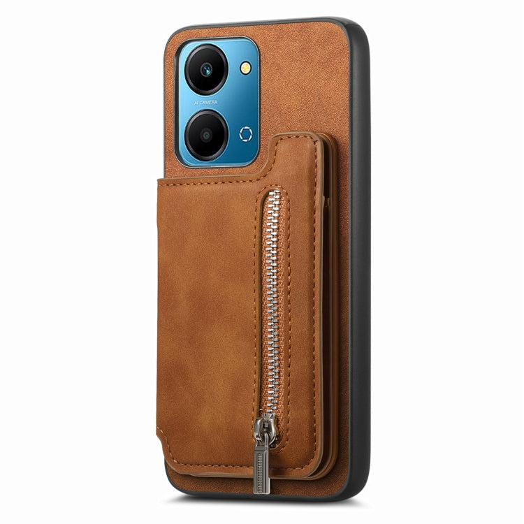 For Honor 100 Retro MagSafe Zipper Wallet Card Bag Back Phone Case(Brown)