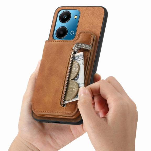 For Honor 100 Retro MagSafe Zipper Wallet Card Bag Back Phone Case(Brown)