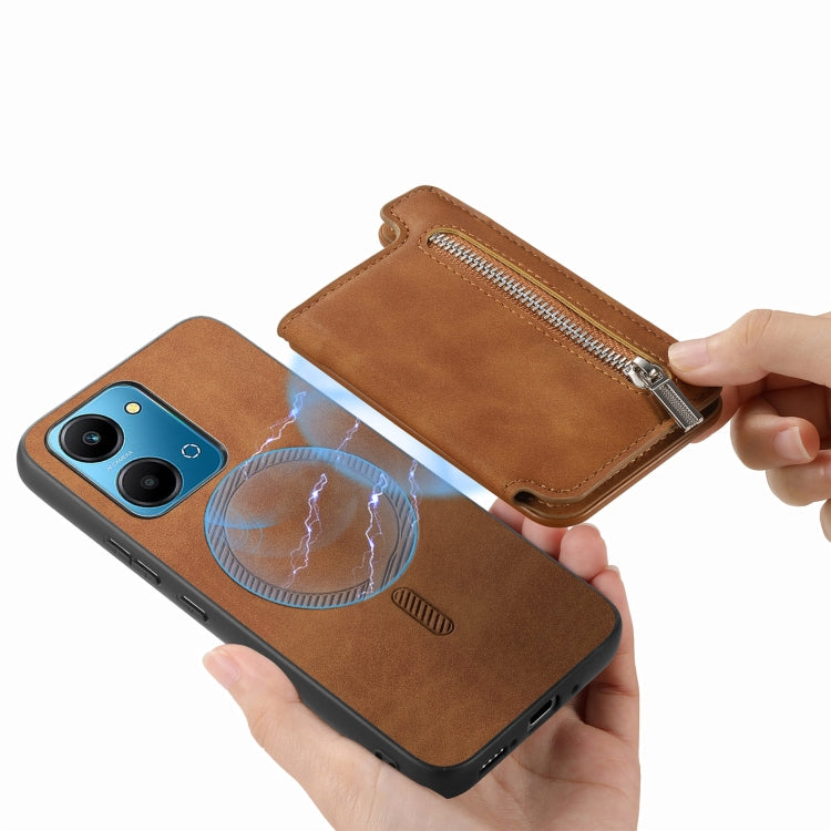 For Honor 100 Retro MagSafe Zipper Wallet Card Bag Back Phone Case(Brown)