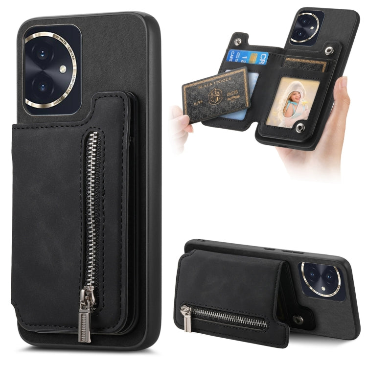 For Honor 100 Retro MagSafe Zipper Wallet Card Bag Back Phone Case(Black)