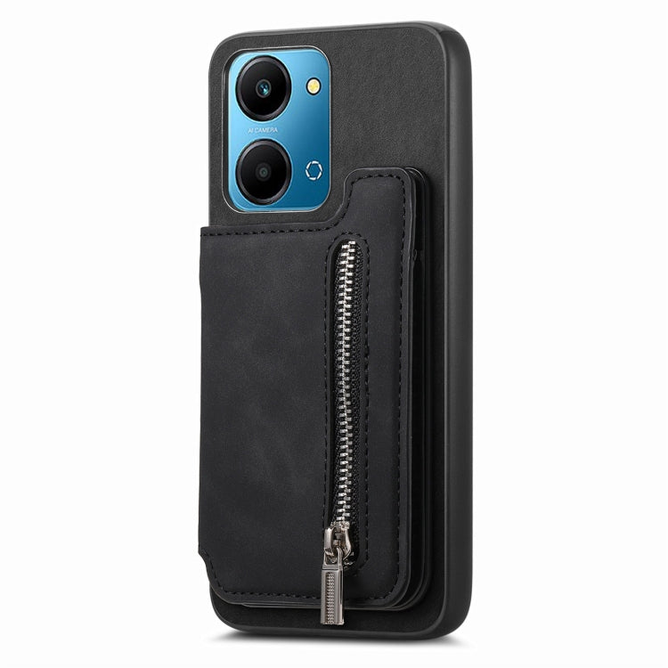 For Honor 100 Retro MagSafe Zipper Wallet Card Bag Back Phone Case(Black)
