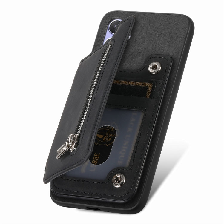 For Honor 100 Retro MagSafe Zipper Wallet Card Bag Back Phone Case(Black)