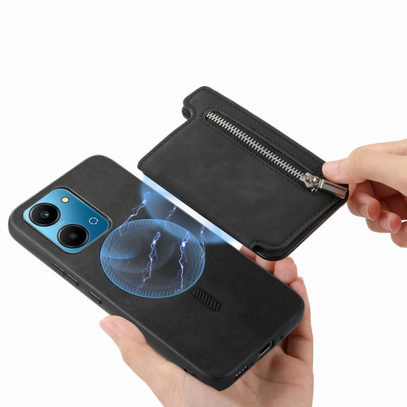 For Honor 100 Retro MagSafe Zipper Wallet Card Bag Back Phone Case(Black)
