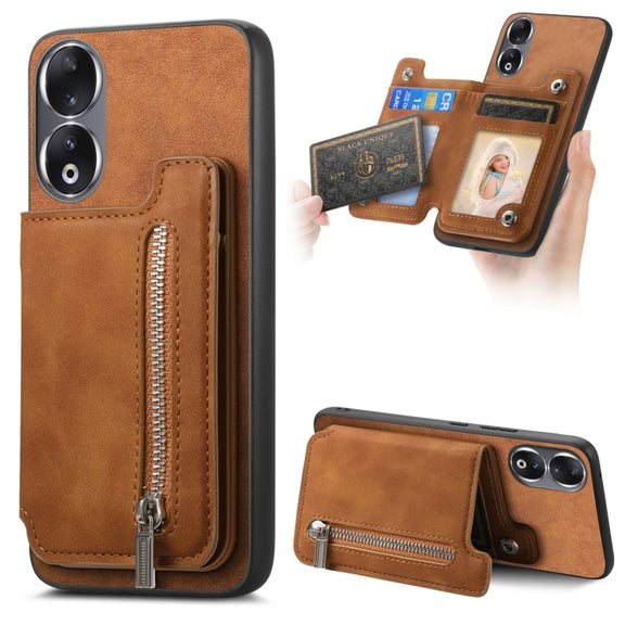 For Honor 90 Pro 5G Retro MagSafe Zipper Wallet Card Bag Back Phone Case(Brown)