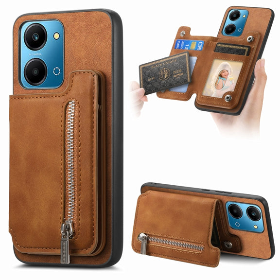 For Honor Play 7T / X7a Retro MagSafe Zipper Wallet Card Bag Back Phone Case(Brown)