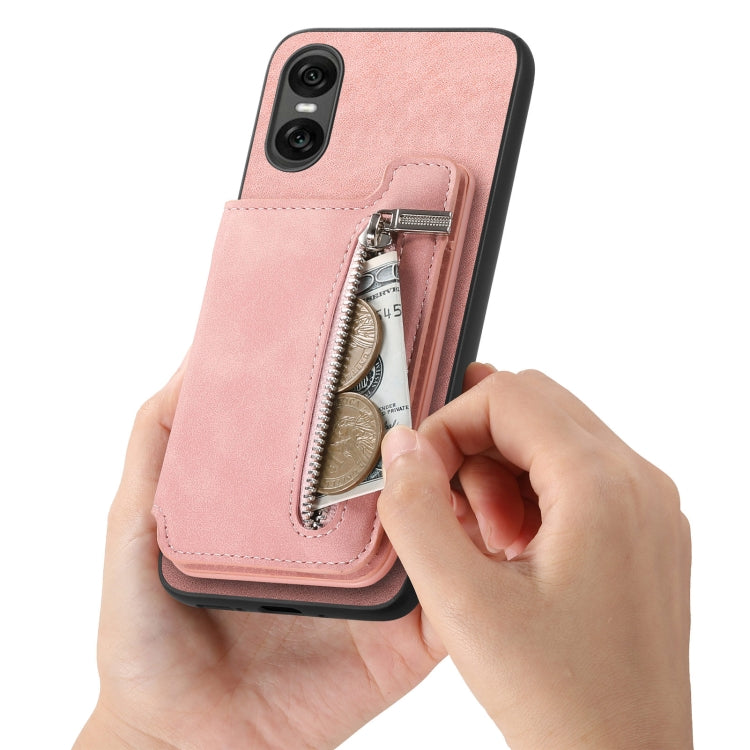 For Sony Xperia 1 VI Retro MagSafe Zipper Wallet Card Bag Back Phone Case(Pink)