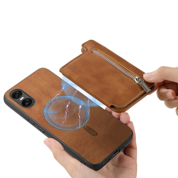 For Sony Xperia 1 VI Retro MagSafe Zipper Wallet Card Bag Back Phone Case(Brown)
