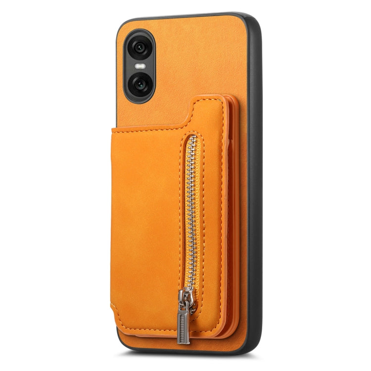For Sony Xperia 5 V Retro MagSafe Zipper Wallet Card Bag Back Phone Case(Yellow)