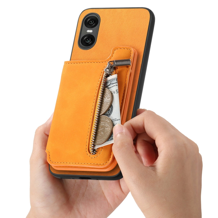 For Sony Xperia 5 V Retro MagSafe Zipper Wallet Card Bag Back Phone Case(Yellow)