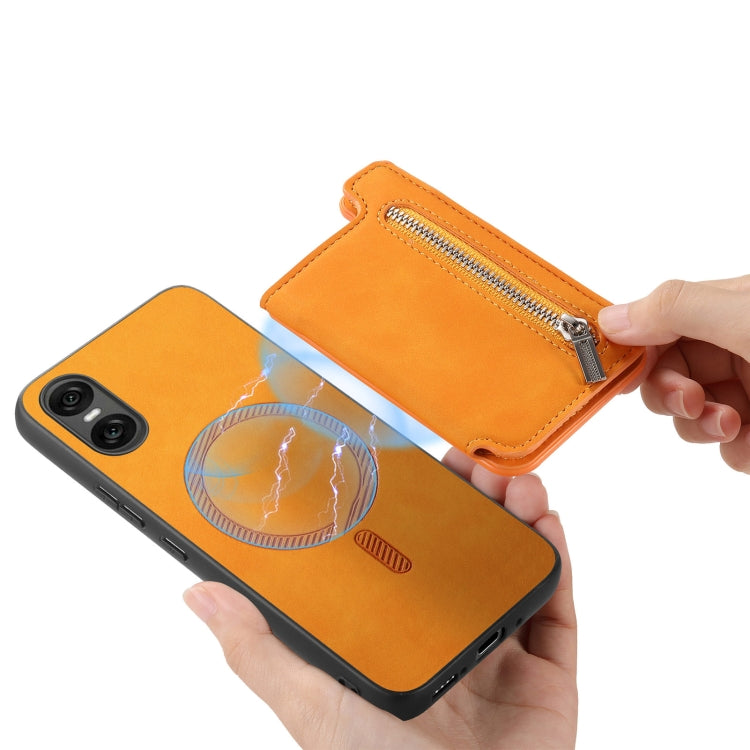 For Sony Xperia 5 V Retro MagSafe Zipper Wallet Card Bag Back Phone Case(Yellow)