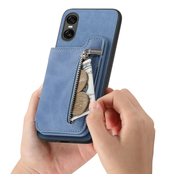 For Sony Xperia 5 V Retro MagSafe Zipper Wallet Card Bag Back Phone Case(Blue)