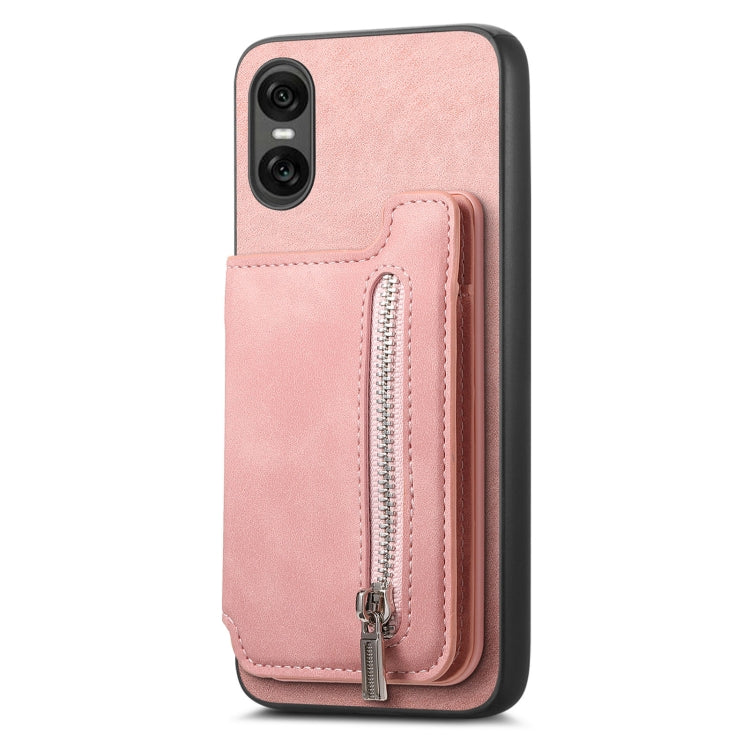 For Sony Xperia 5 V Retro MagSafe Zipper Wallet Card Bag Back Phone Case(Pink)