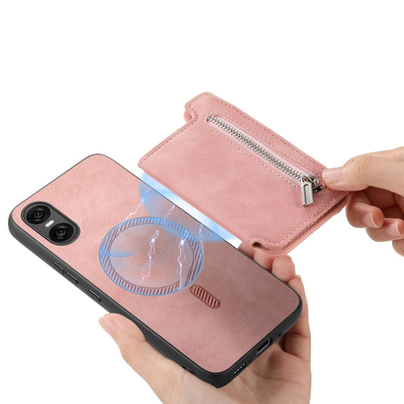 For Sony Xperia 5 V Retro MagSafe Zipper Wallet Card Bag Back Phone Case(Pink)
