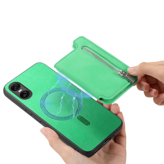 For Sony Xperia 5 V Retro MagSafe Zipper Wallet Card Bag Back Phone Case(Green)