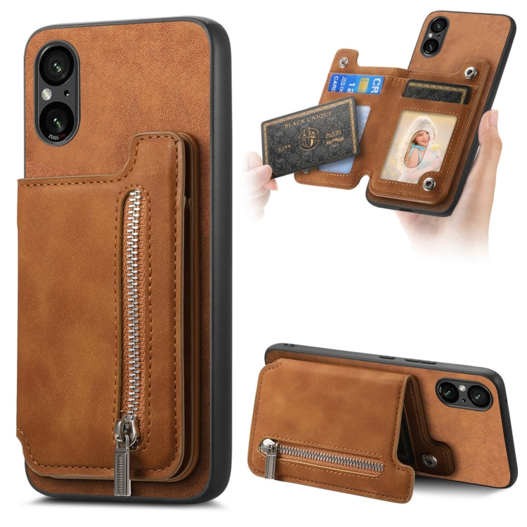 For Sony Xperia 5 V Retro MagSafe Zipper Wallet Card Bag Back Phone Case(Brown)