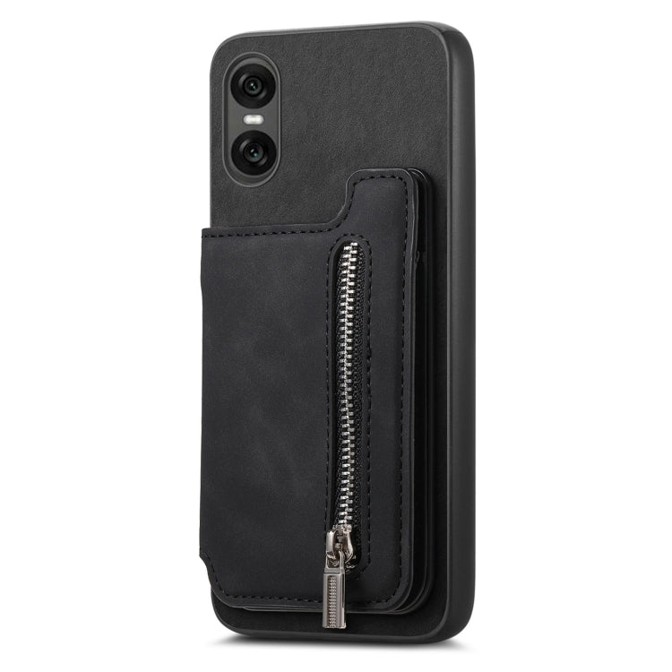 For Sony Xperia 5 V Retro MagSafe Zipper Wallet Card Bag Back Phone Case(Black)