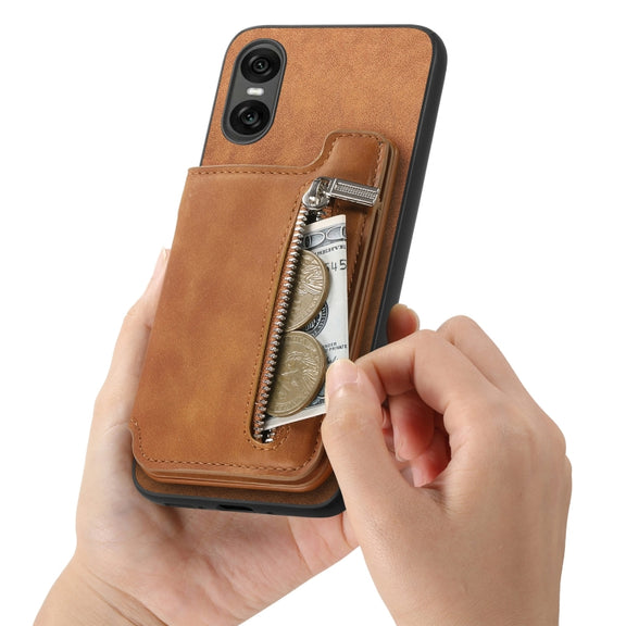 For Sony Xperia 1 V Retro MagSafe Zipper Wallet Card Bag Back Phone Case(Brown)
