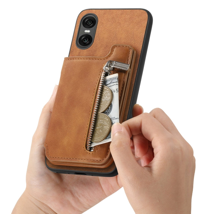 For Sony Xperia 10 V Retro MagSafe Zipper Wallet Card Bag Back Phone Case(Brown)
