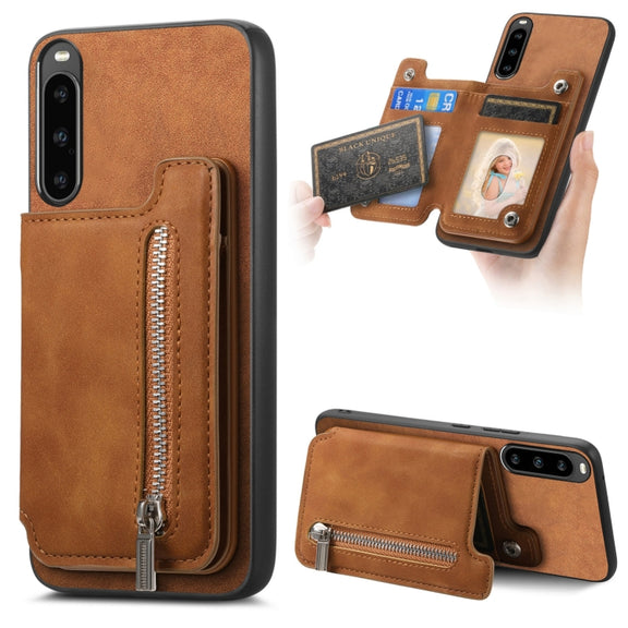 For Sony Xperia 10 V Retro MagSafe Zipper Wallet Card Bag Back Phone Case(Brown)