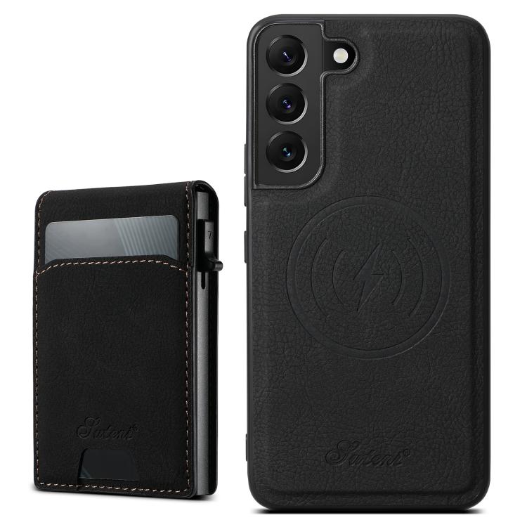 For Samsung Galaxy S25+ 5G Suteni H19 Litchi Texture 2-in-1 MagSafe Removable Card Case Back Phone Case(Black)