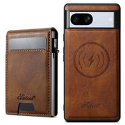 For Google Pixel 7a Suteni H19 Oil Wax 2-in-1 MagSafe Removable Card Box Back Phone Case(Brown)