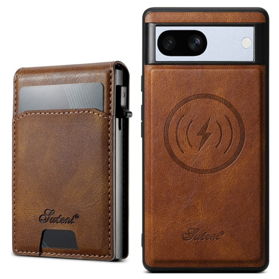 For Google Pixel 7a Suteni H19 Oil Wax 2-in-1 MagSafe Removable Card Box Back Phone Case(Brown)