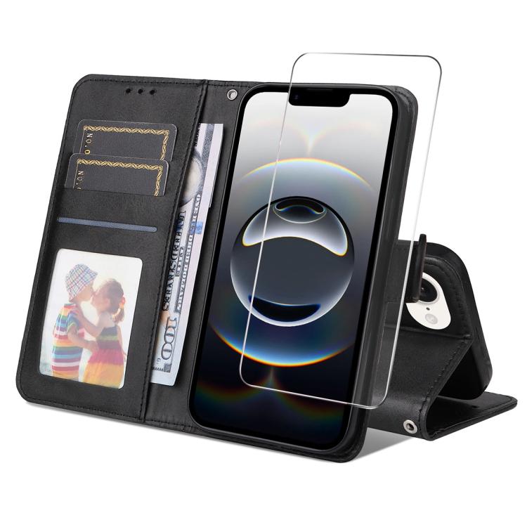 For iPhone 16e ENKAY Card Wallet Calf Texture Leather Phone Case with Screen Film(Black)