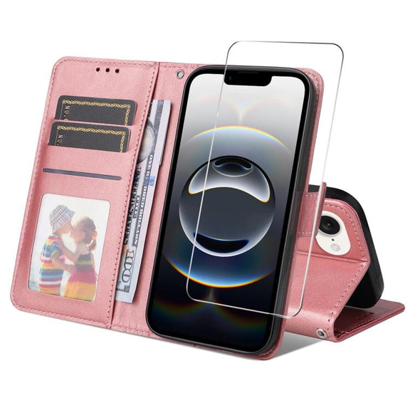 For iPhone 16e ENKAY Card Wallet Calf Texture Leather Phone Case with Screen Film(Pink)