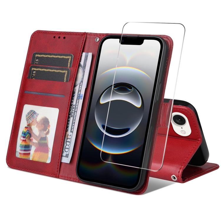 For iPhone 16e ENKAY Card Wallet Calf Texture Leather Phone Case with Screen Film(Red)
