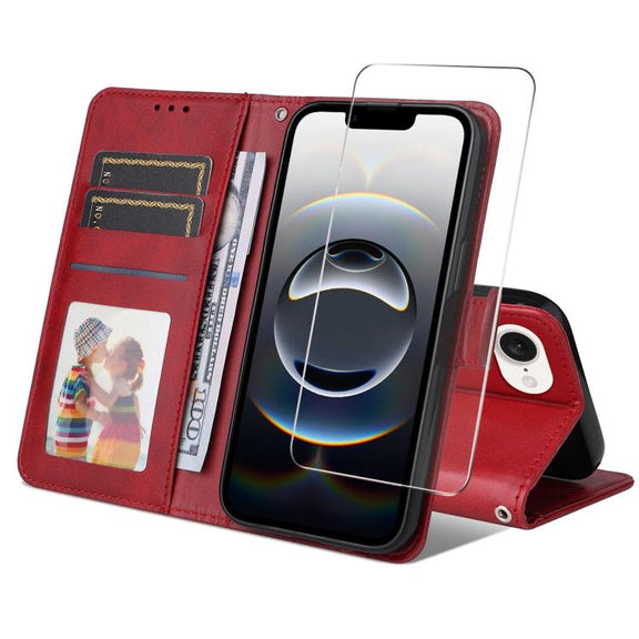 For iPhone 16e ENKAY Card Wallet Calf Texture Leather Phone Case with Screen Film(Red)