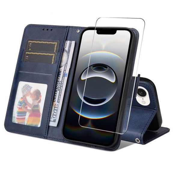 For iPhone 16e ENKAY Card Wallet Calf Texture Leather Phone Case with Screen Film(Blue)
