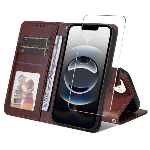For iPhone 16e ENKAY Card Wallet Calf Texture Leather Phone Case with Screen Film(Brown)