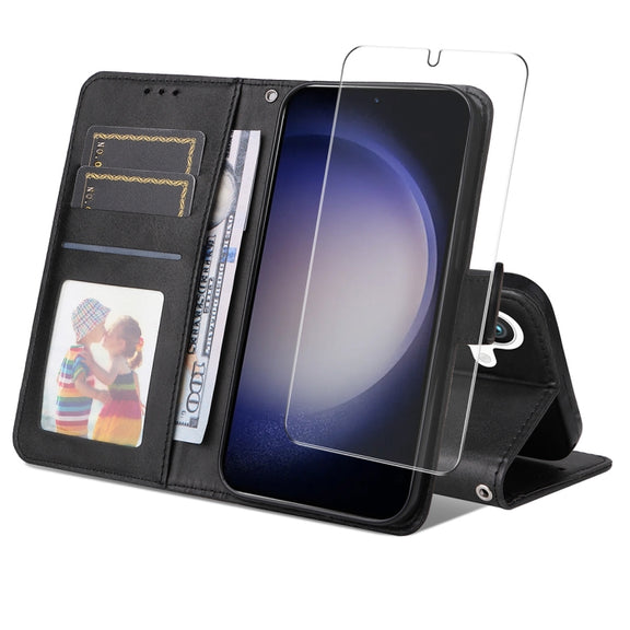 For Samsung Galaxy S25 5G ENKAY Card Wallet Calf Texture Leather Phone Case with Screen Film(Black)