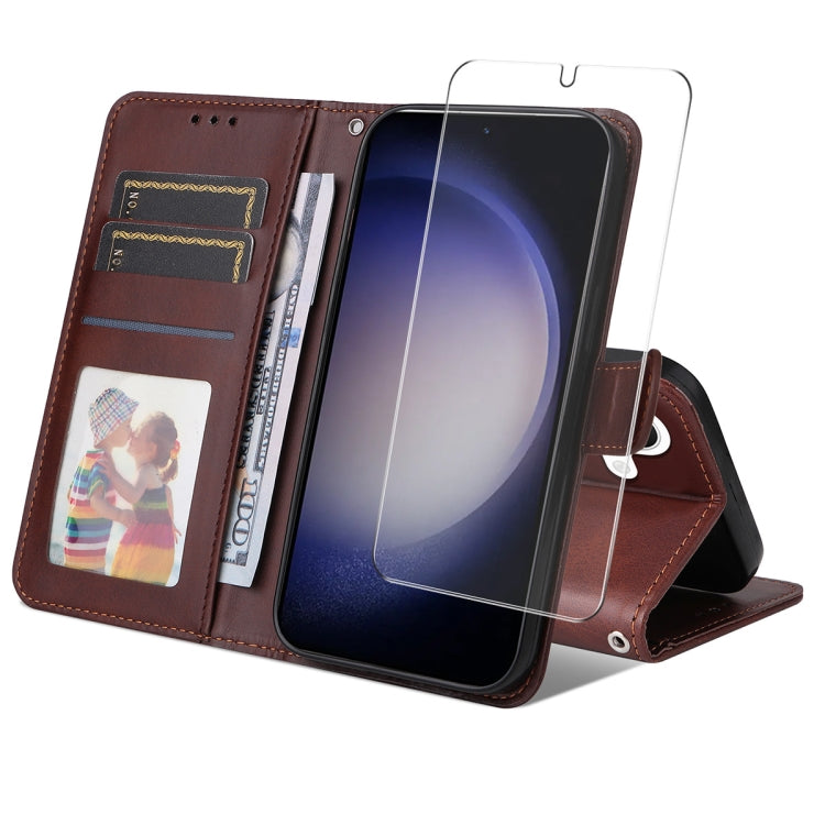 For Samsung Galaxy S25 5G ENKAY Card Wallet Calf Texture Leather Phone Case with Screen Film(Brown)