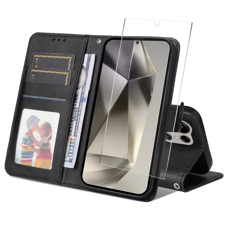 For Samsung Galaxy S25 Ultra 5G ENKAY Card Wallet Calf Texture Leather Phone Case with Screen Film(Black)