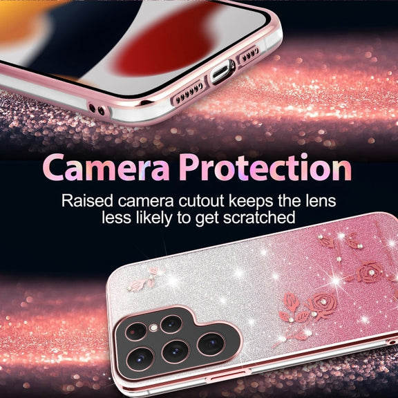 For Samsung Galaxy S25 5G Gradient Glitter Flower All-inclusive Phone Case(Pink)