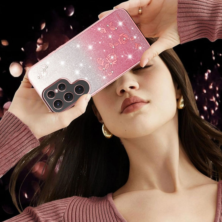 For Samsung Galaxy S25 5G Gradient Glitter Flower All-inclusive Phone Case(Pink)