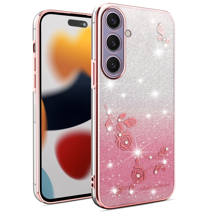 For Samsung Galaxy S25+ 5G Gradient Glitter Flower All-inclusive Phone Case(Pink)