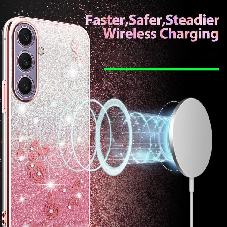 For Samsung Galaxy S25+ 5G Gradient Glitter Flower All-inclusive Phone Case(Pink)