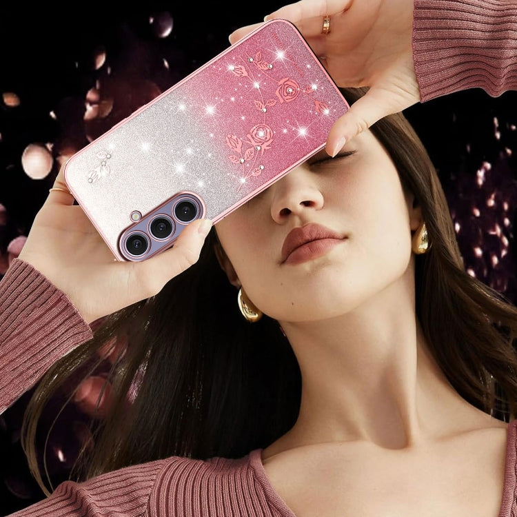 For Samsung Galaxy S25+ 5G Gradient Glitter Flower All-inclusive Phone Case(Pink)