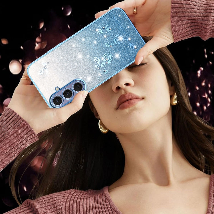 For Samsung Galaxy S25+ 5G Gradient Glitter Flower All-inclusive Phone Case(Blue)