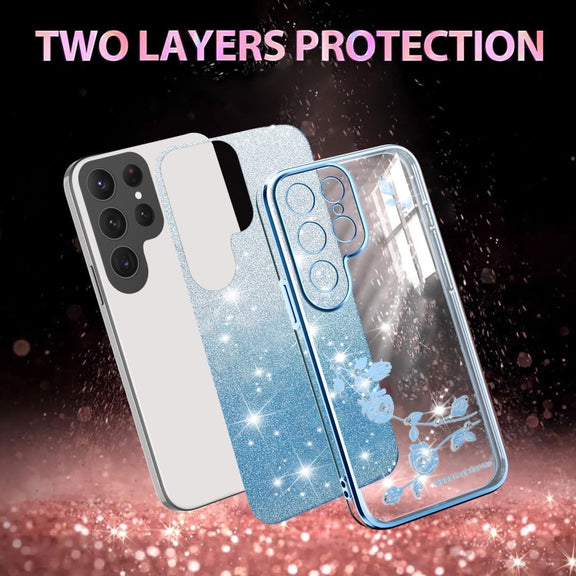 For Samsung Galaxy S25 Ultra 5G Gradient Glitter Flower All-inclusive Phone Case(Blue)