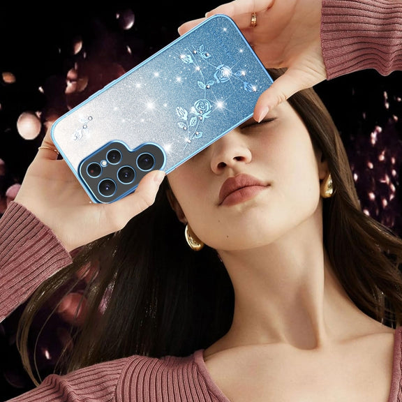 For Samsung Galaxy S25 Ultra 5G Gradient Glitter Flower All-inclusive Phone Case(Blue)