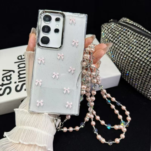 For Samsung Galaxy S25 Ultra 5G Little Fresh Bow Neck Chain TPU Phone Case(Pink)