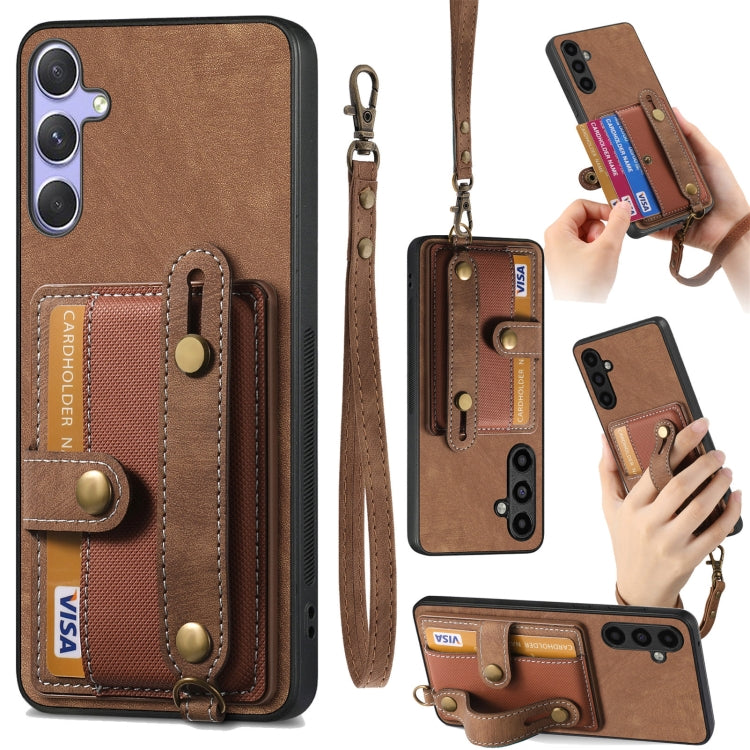 For Samsung Galaxy S25 5G Retro Cross Wristband Wallet Leather Back Phone Case(Brown)