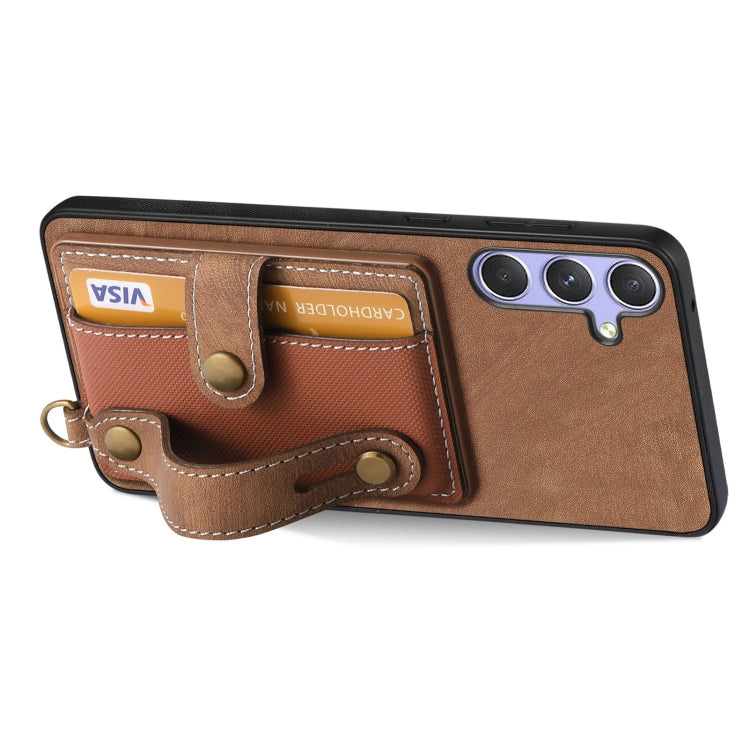 For Samsung Galaxy S25 5G Retro Cross Wristband Wallet Leather Back Phone Case(Brown)