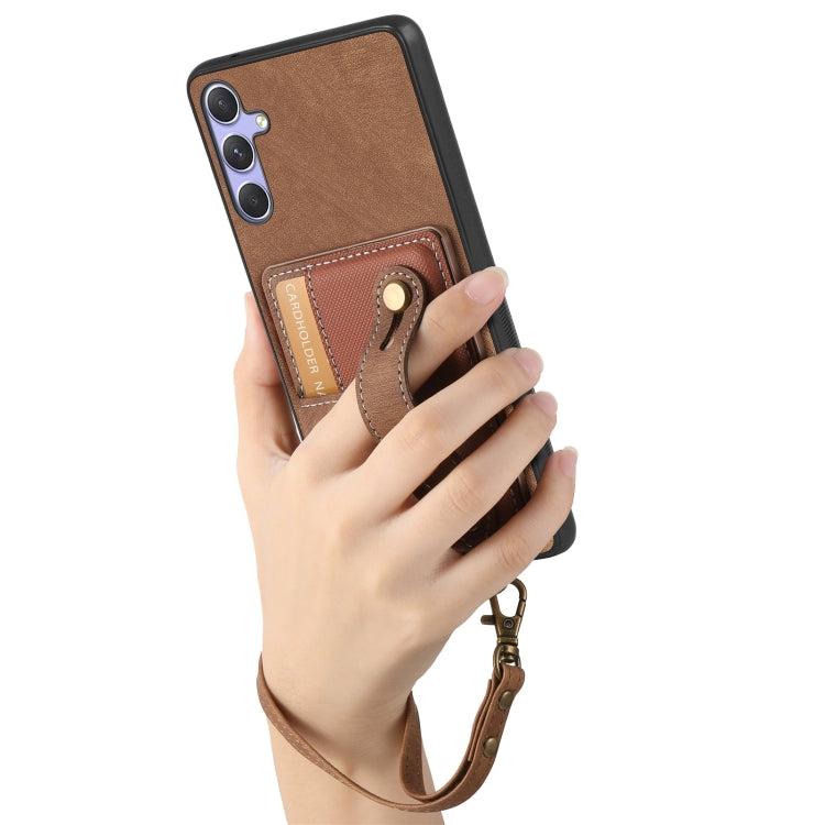 For Samsung Galaxy S25 5G Retro Cross Wristband Wallet Leather Back Phone Case(Brown)