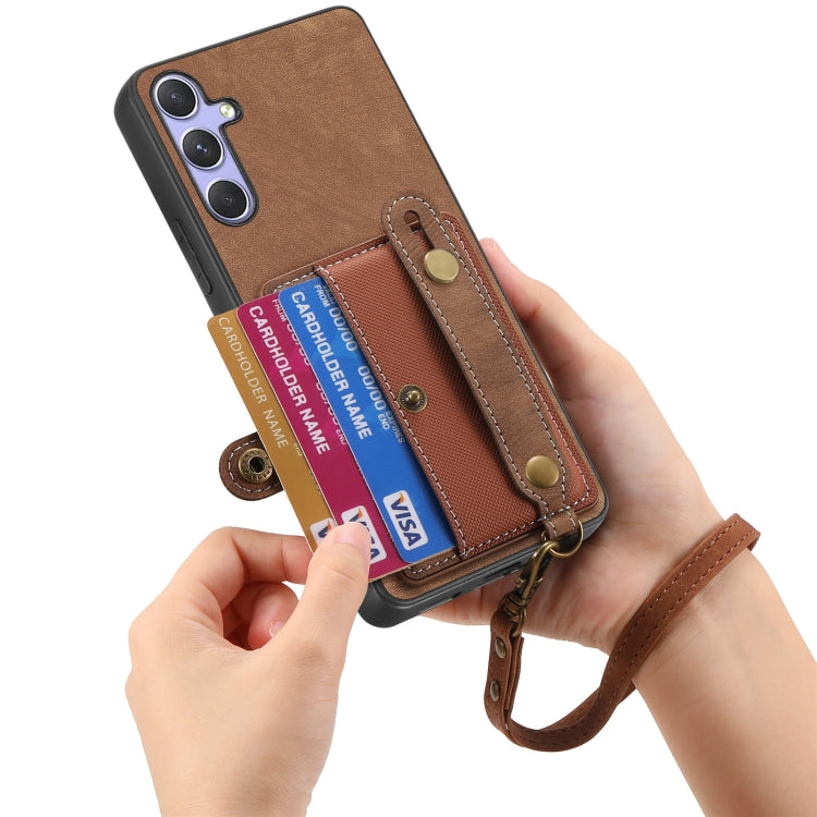 For Samsung Galaxy S25 5G Retro Cross Wristband Wallet Leather Back Phone Case(Brown)