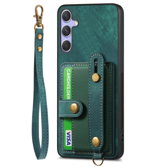 For Samsung Galaxy S25 5G Retro Cross Wristband Wallet Leather Back Phone Case(Green)